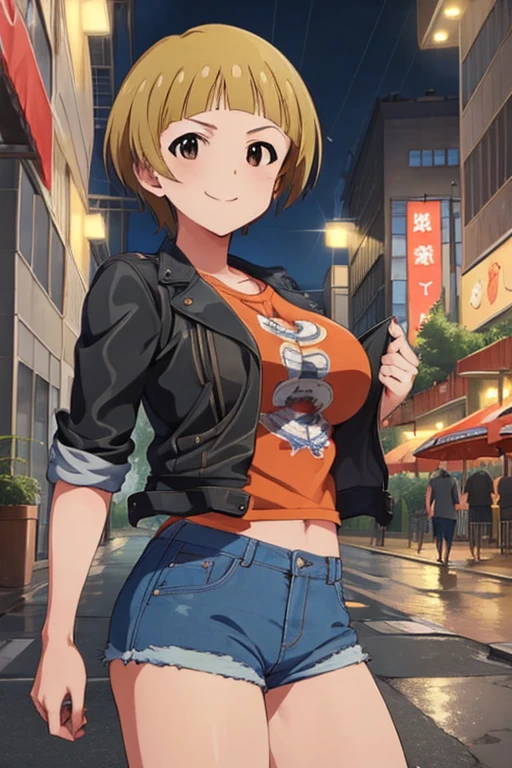 (masterpiece, Best Quality:1.4), Noriko Fukuda,  big breasts at the temple,  short hair, shirt, smile, leather jacket,short shorts,rainy night in the city ,