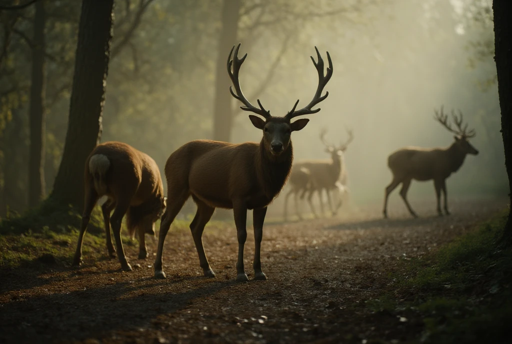 ((masterpiece)) ((photography)) ((Highest quality))  a realistic, dynamic scene capturing a group of deer waking up in the early dawn light within a misty forest. The deer have large, majestic antlers, and their coats are bathed in the soft, rosy glow of morning light. Add fine, random droplets of morning dew on their antlers and around the forest to emphasize the freshness of dawn, with subtle rays of light breaking through the trees, enhancing the serene and peaceful atmosphere.