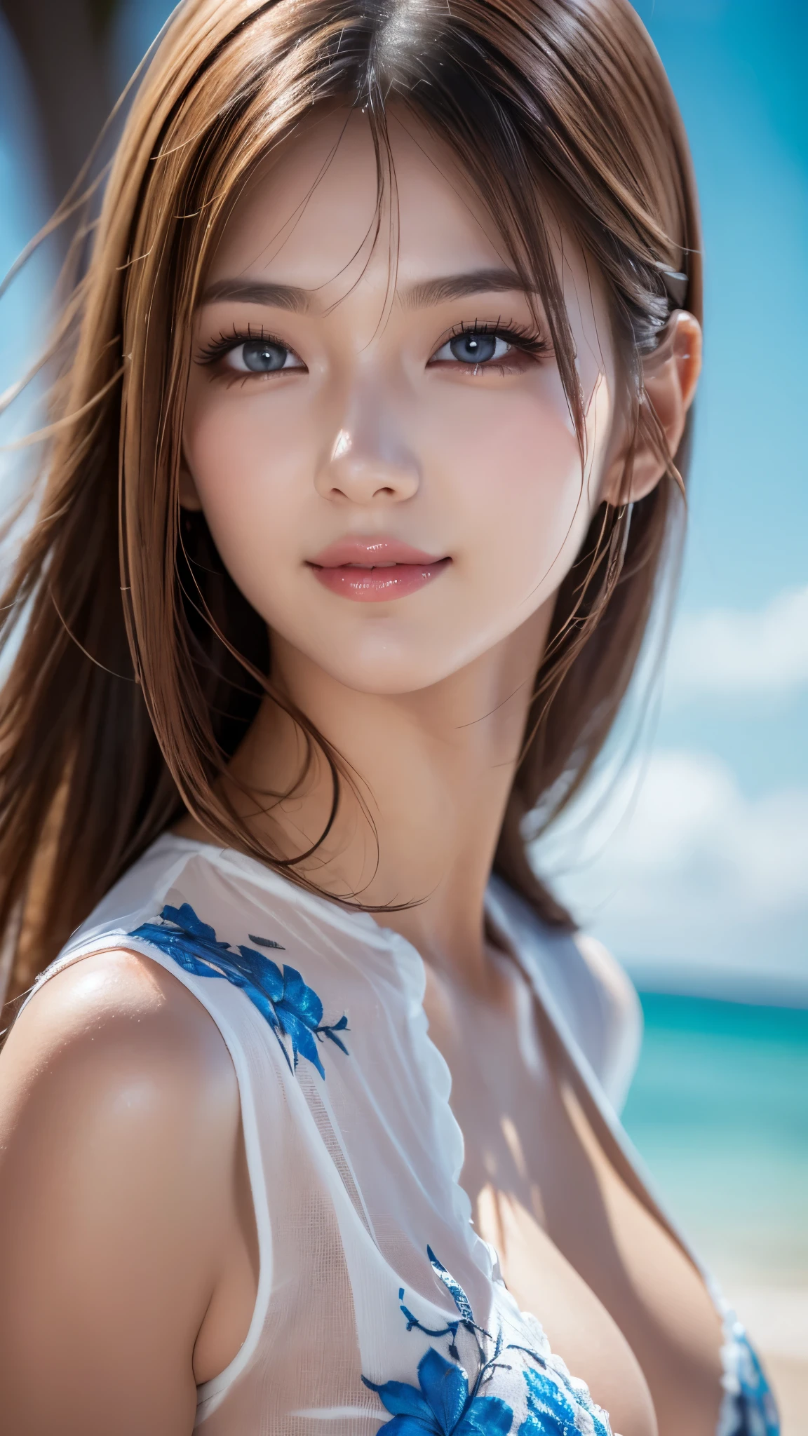 Browsing Caution、16K、Realistic、Highest quality、masterpiece、Ultra-high resolution、RAW Photos、Realistic、Bright lighting、Face Light、Smooth Professional Lighting、Looking into the camera、alone、Adult female、Beautiful woman、Super Beauty、Realistic肌、Moisturized Skin、Realistic eyes and faces、Perfect model body shape、Beautiful Eyes、Big eyes、Inconspicuous tear bags、slim、Moderate、very good、Camel Toe、Beautiful fingers、Very long hair、Very black hair、Very dark eyes、looks happy、((Both ears are covered by hair))、(Cowboy shot showing the top of the head)、Colorful Swimsuits、Large Breasts、Cleavage