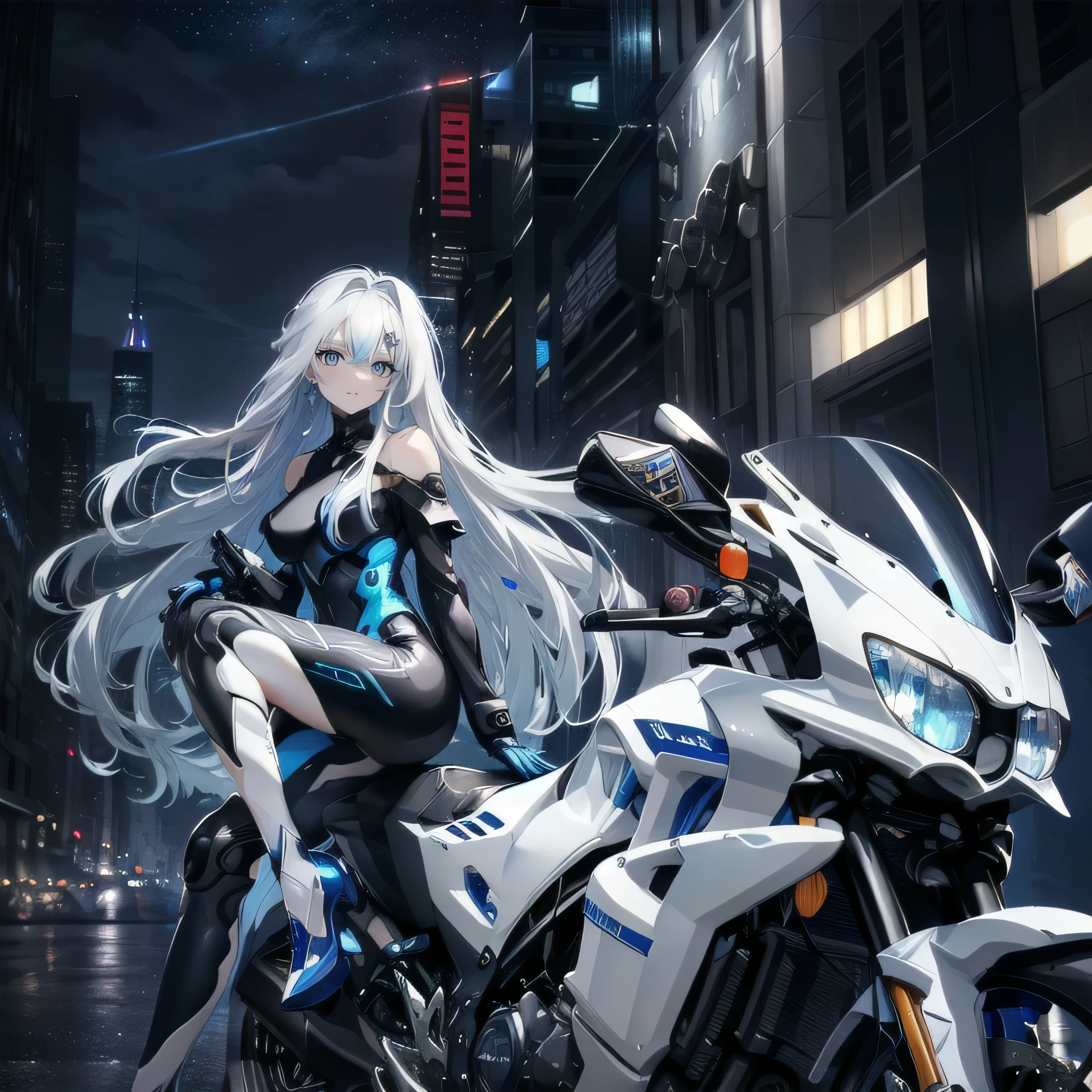 (Top image quality), (Ultra Detailed), (Facing forward), top quality, masterpiece, (((1 girl))), Silver Hair, white hair, ((Long hair)), (deep blue eyes:1.6), night, urban, ((sitting on motorcycle)), ((high leg)), ((bare legs)), ((off-shoulder)), battle suit, bodysuit, mecha suit, ((black suit:1.2))