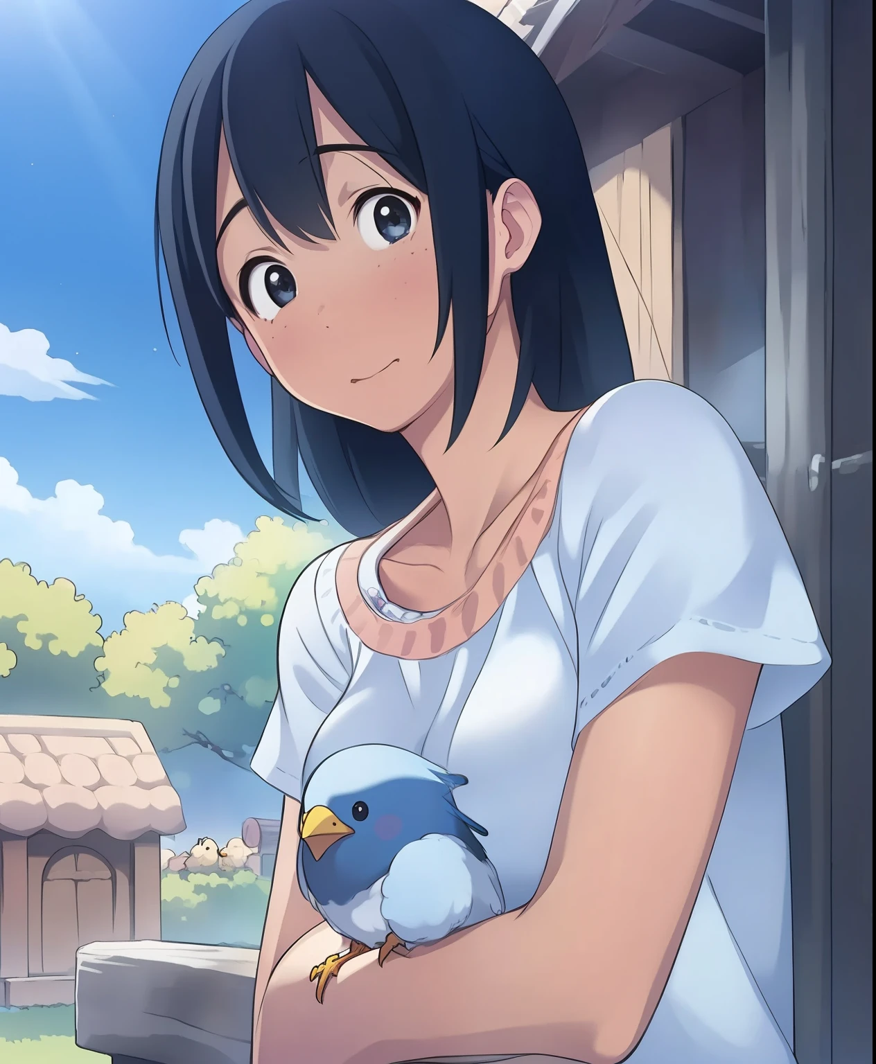 (masterpiece、Best Quality、Best Quality、 official art、 beautiful and beautiful :1.2)、(One person:1.3),Beautiful breasts, girl、 chicks are sticking their heads out of the birdhouse and begging for food..,Piyopiyo , mother bird is back ,Little Blue Bird:cute,cute, beautiful feather wrapping line :Sparkling, bird wrapped in feathers ,happy sight ,Adorable,joy, Detailed Details ,masterpiece,
