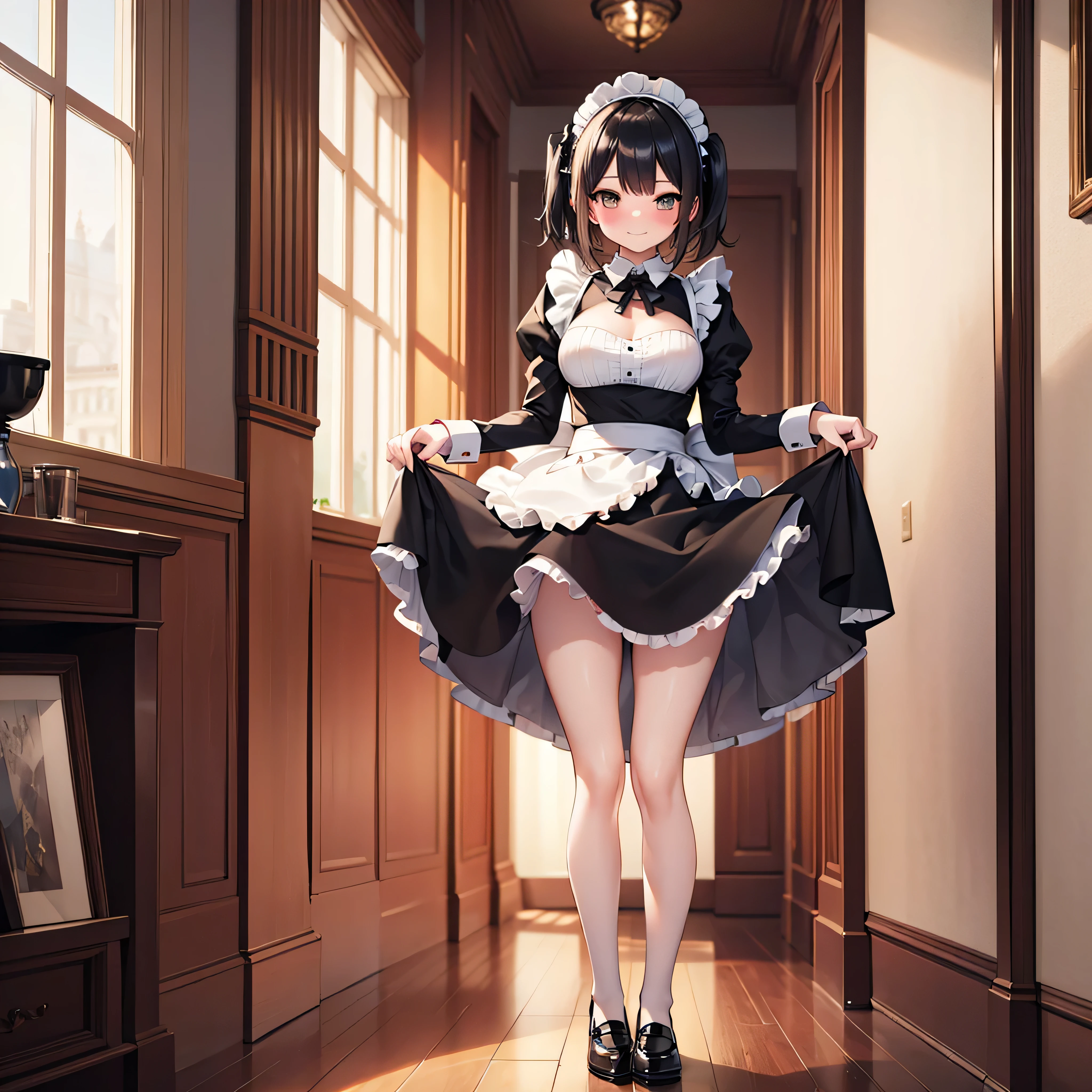 (solo), hallway in huge mansion, 1 little maid standing, (curtsey:1.3), (both hands lifting short skirt upward), BREAK, (very short maid dress:1.3), (too short skirt:1.5), thigh gap, BREAK, very short torso, narrow skinny waist, long skinny legs, large breasts, BREAK, nose blush, smile for viewer, (show off white panty)