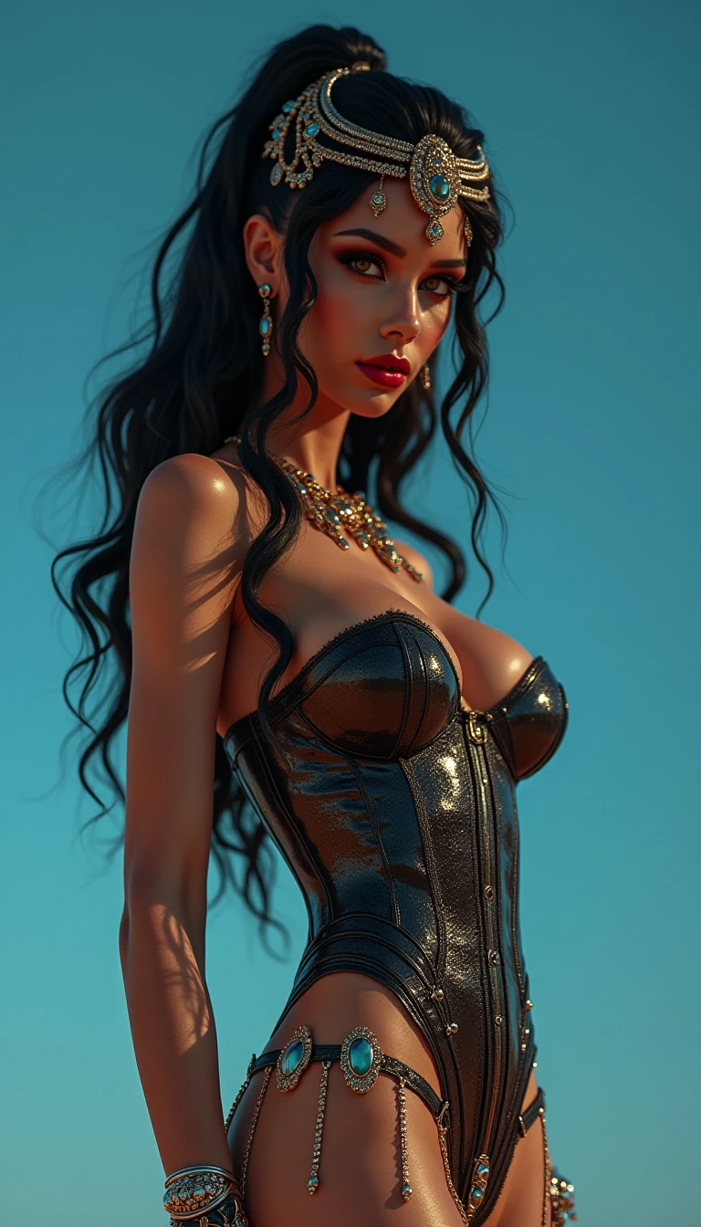 Full body full body extremely sexy ebony dancer dirty cabaret beauty wearing sexy revealing black and red lingerie wearing black fishnet garters red lace garters wearing stilettos flirting in front of the camera dancing like a jar and lifting one leg while posing fit other poses. Slender inner physique, detailed afro long curly hair, honey-colored eyes with long eyelashes, intricate clothing details, ultra clear, ultra detailed, high definition, sharp focus, focus on clothing details, precious earring jewelry, bright, lustful makeup, clear Meticulous, HD detail, 32k, concert skylight, burlesque atmosphere, beautiful chiaroscuro, photorealism, hyperrealism, Roberto Valenzuela style.