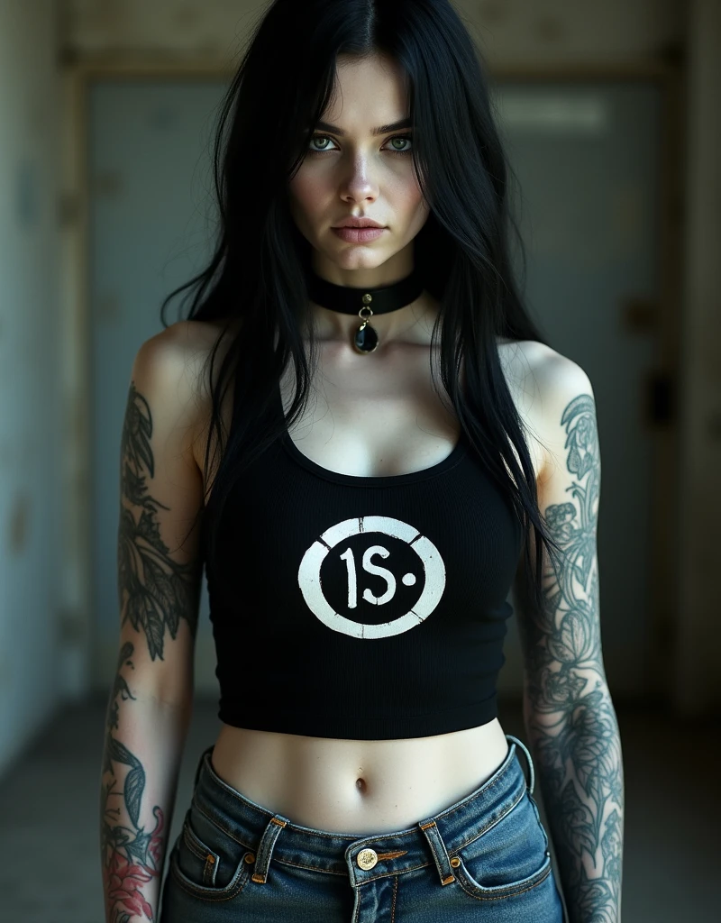 2 emo girls with pale skin. one has a pony tail, huge breasts, black t-shirt with a skull imprint, and tattered jeans looking shyly at the camera. the other has , black t-shirt, tattered jeans, and looking shyly at the camera, looks at the camera, looks at the camera,
