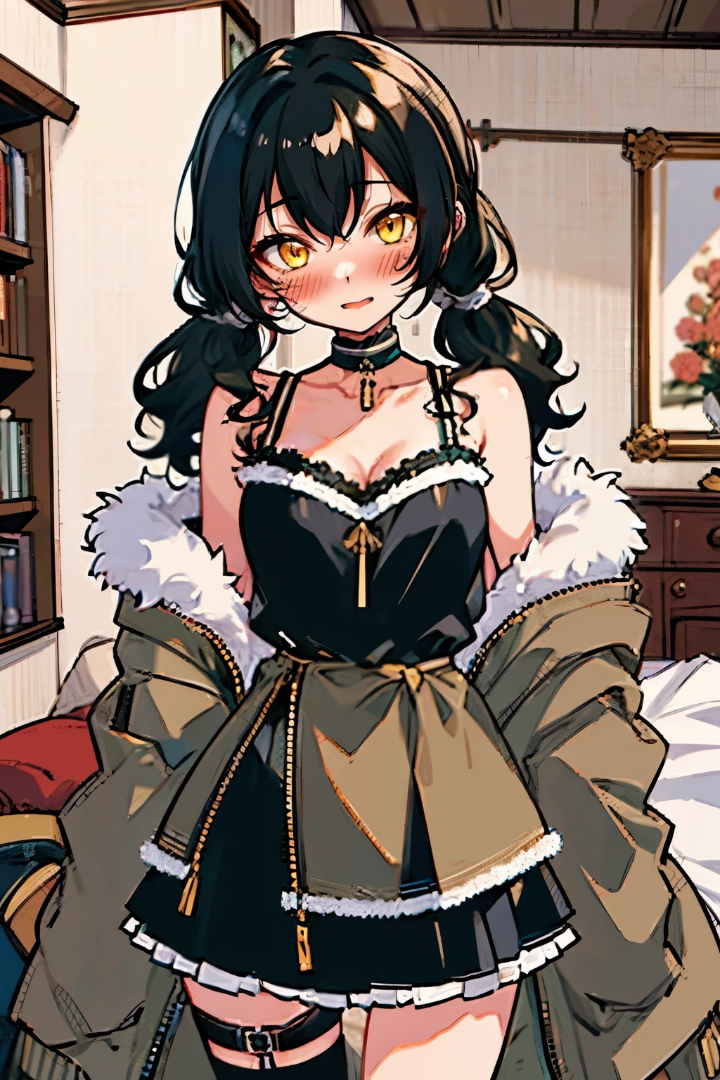 (masterpiece:1.2), (high quality:1.2), (hui xiyi:0.7), rekkyo sensen, rekkyou sensen, girls with((1girl, solo, black hair, yellow eyes, (wavy medium hair, low twintail:1.55), blush, breasts, choker, cleavage, coat, cowboy shot, deep blue frilled dress, camisole, ribbon waist belt, collar, collarbone, rosary, rosary choker, cross, fur, khaki hoodie, green hoodie, hood down, hooded coat, hooded jacket, hoodie, jacket, large breasts, long hair, long sleeves, medium breasts, open clothes, open coat,open hoodie, sleeveless, winter clothes, zipper, cleavage, upper body, hand up, waving, palm)), background with((bedroom, room:2.0))