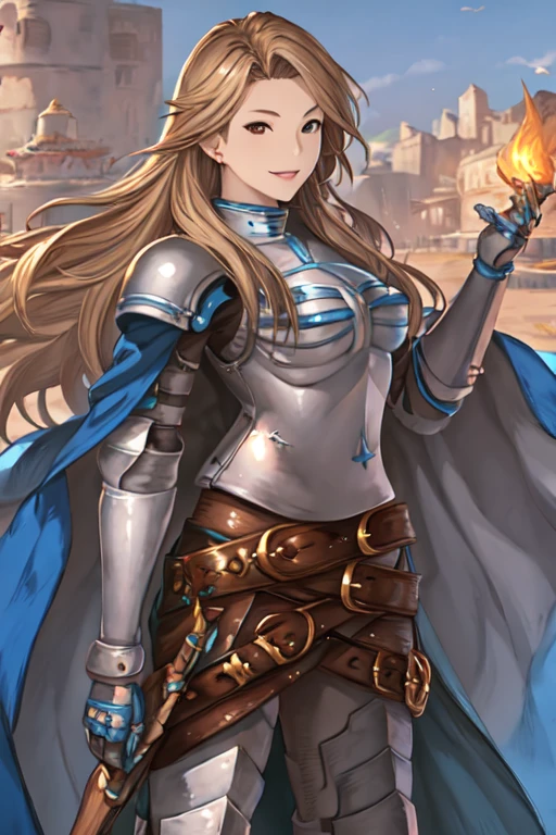 katalina (granblue fantasy), solo, 1girl, armor, gauntlets, belt, breastplate, gloves, shoulder armor, cape, pauldrons, pants, cave, smile, standing, best quality, masterpiece