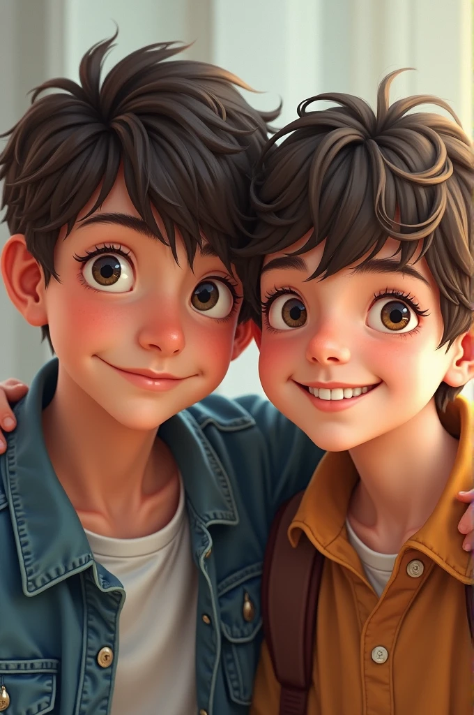 Pixar style image of a skinny child boy short hair, brown eyes, smiling