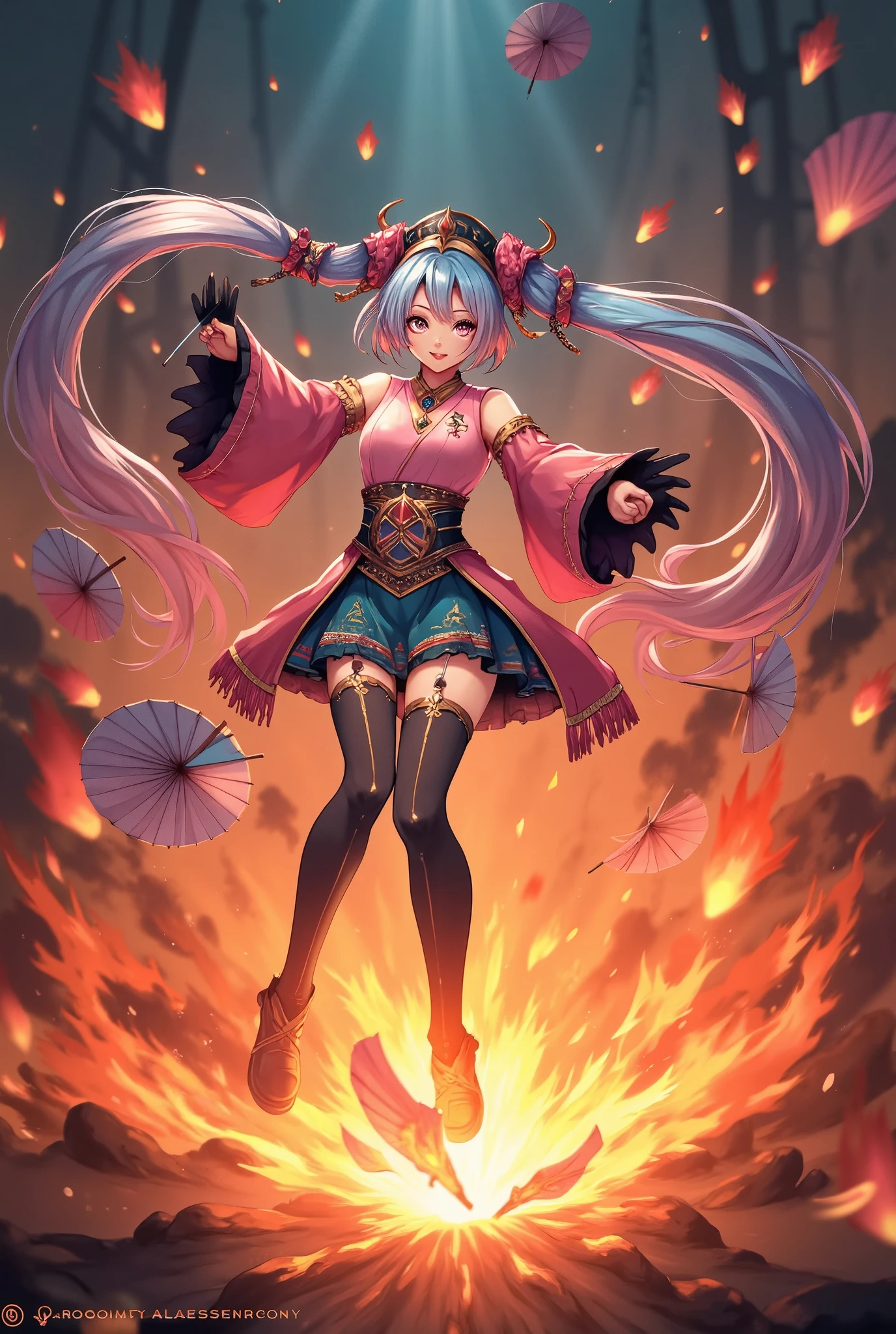 (masterpiece、Best Quality、Best Quality、 official art、 beautiful and beautiful :1.2)、( one girl playing pranks:1.3) Hatsune Miku、 Twin Tails,Beautiful breasts,  girl、high frequency: 1.8, Rich details, masterpiece, 8k, A beautiful shrine maiden in a pink shirt stands in front of a flame, Dancing, Fans waving, The fan is burning, Maidens engulfed in flames, Burning battlefield background,  