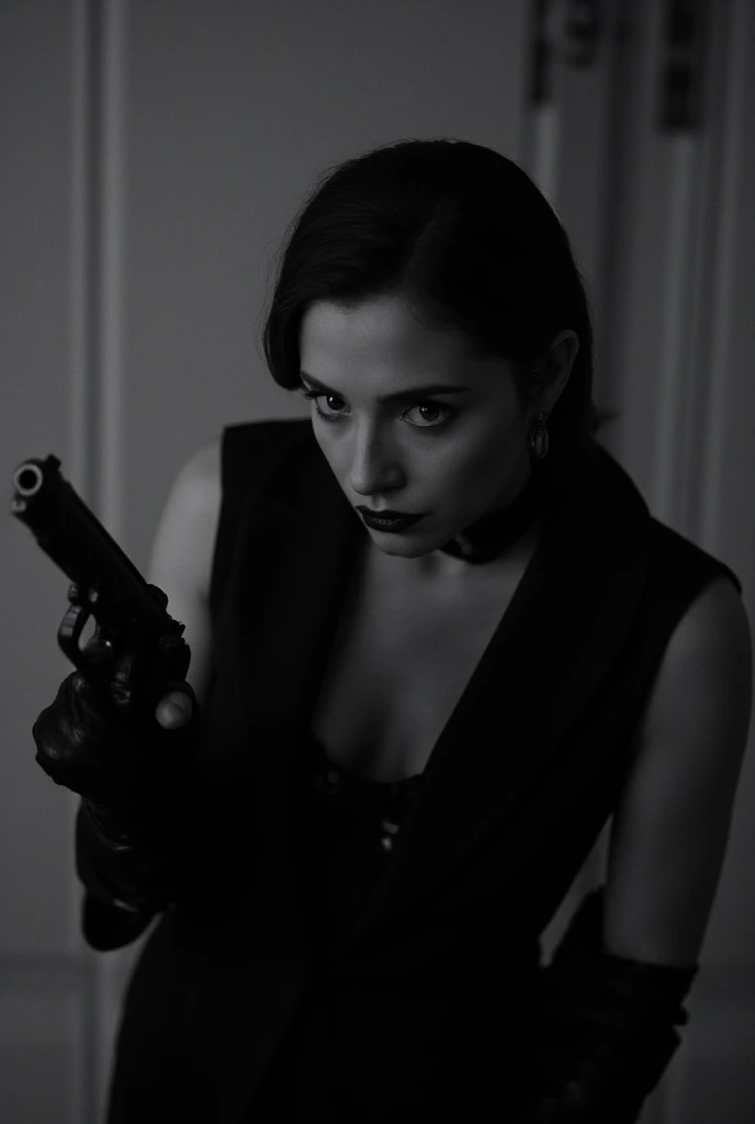 ((masterpiece)) ((photography)) ((Highest quality))  Create a black-and-white portrait of a femme fatale, looking intense and mysterious. She holds a long pistol with a silencer in one hand, her gaze is piercing, and her expression is a mix of confidence and intrigue. She wears elegant, dark attire with a vintage noir style, set against a minimal background to emphasize her bold presence and classic, dangerous allure.