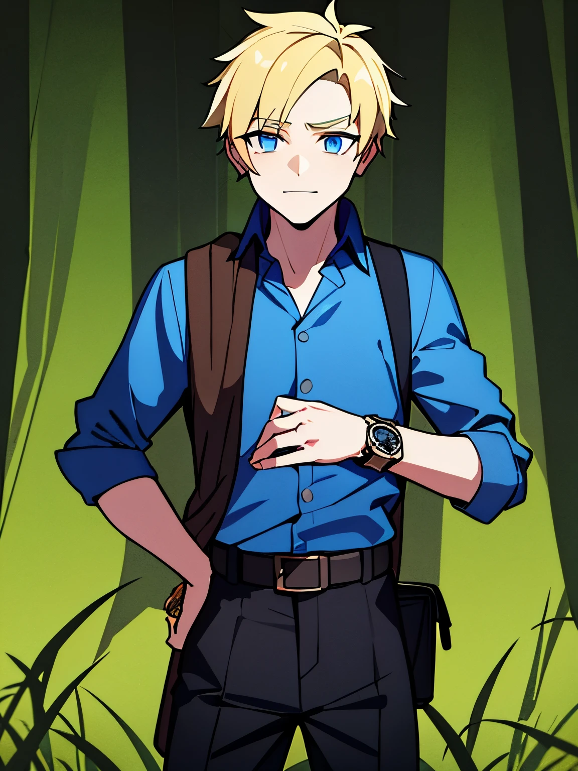  a young man of about  with short yellow hair,  blue eyes . , he has a watch on his left hand and black pants and a yellow vest.. His shirt is blue with a brown print ,  on his waist he has the case of a machete . He has a joking expression . The character is in a dark forest , night.