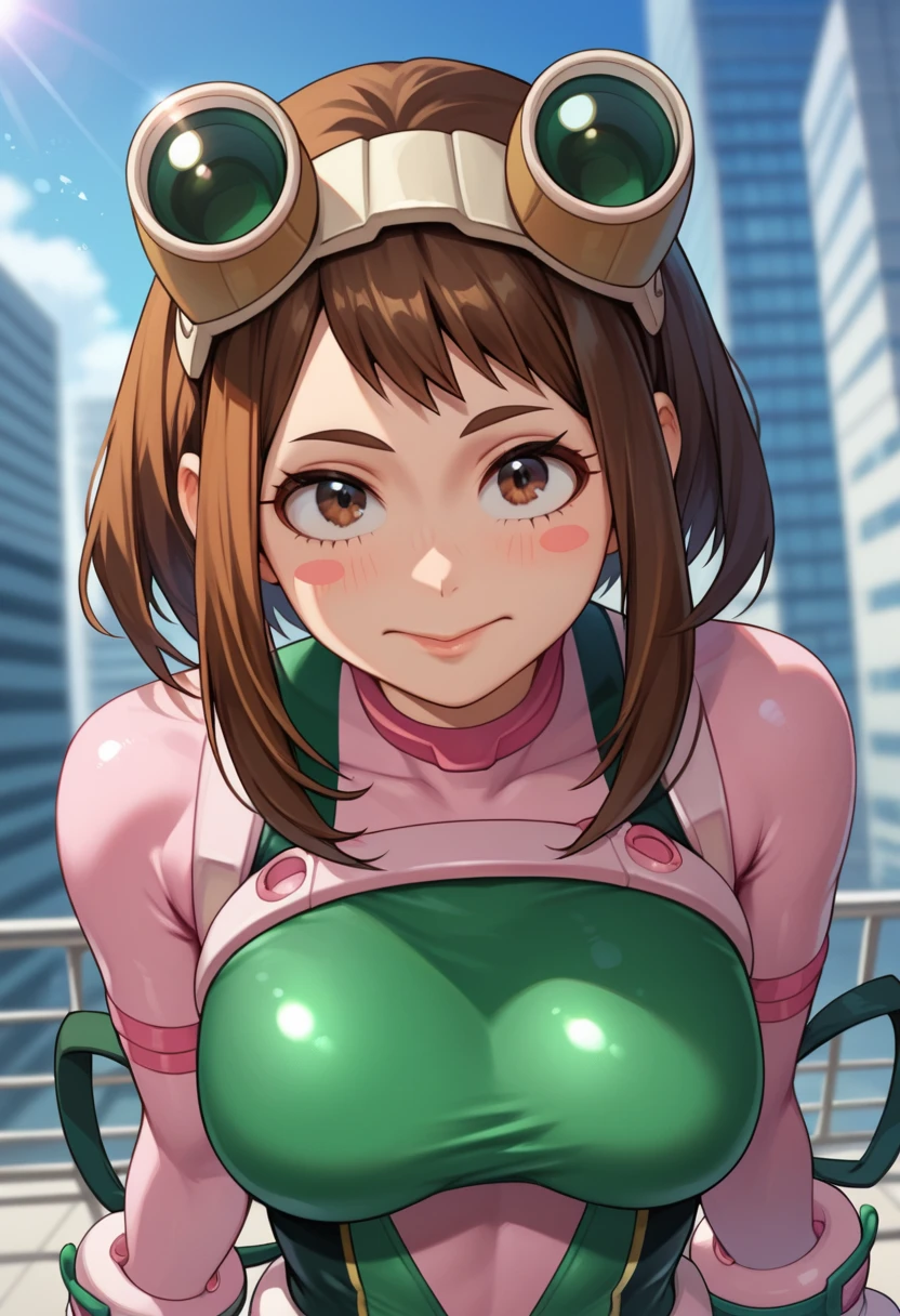 score_9_up, score_8_up, score_7_up,score_6_up, score_5_up, score_4_up,  twohead, 2head, conjoined, BREAK ochako uraraka, brown eyes, brown hair, short hair, blush, blush stickers, pink bodysuit, bodysuit, skin tight, superhero, BREAK asui tsuyu, black eyes, black hair, bodysuit, boku no hero academia, breasts, frog girl, gloves, goggles, green bodysuit, long hair, sexy, BREAK flirting, cowboy shot, city background