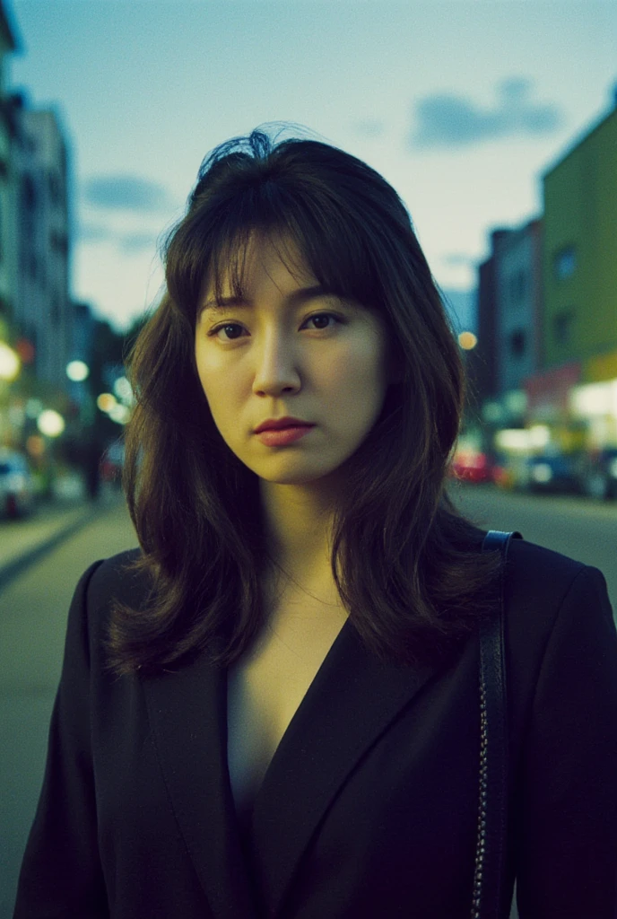 A photo of an Asian woman with a blurred city street at dusk in the background. In the style of photographer Kawauchi Rinko, her wavy black hair, bangs, red lips, dark suit and face contrast with the vibrant sky behind her, creating a dynamic atmosphere. Shot on Polaroid disposable film. Grainy texture adds character.