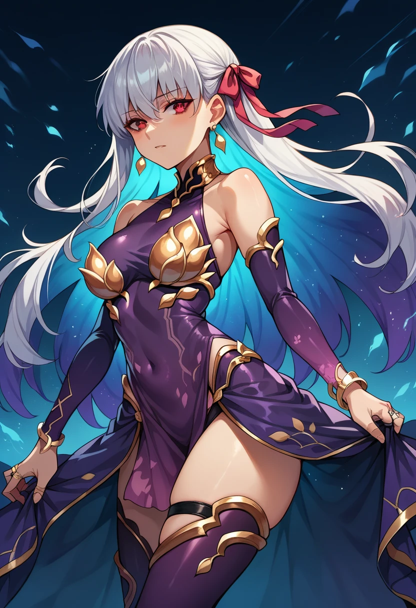 kama, hair ribbon, red eyes, red ribbon, ribbon, long hair, white hair,armlet, bare shoulders, bikini armor, bracelet, collar, detached sleeves, dress, earrings, floral print, jewelry, metal collar, miniskirt, pelvic curtain, purple dress, purple skirt, purple sleeves, purple thighhighs, ring, skirt, thighhighs, thighlet,