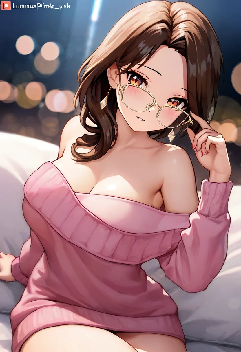 (breathtaking mature beauty,intellectual and elegant,luminous pink sweater,brown hair,(best quality,masterpiece:1.2),full-length shot,perfect figure,wearing glasses,ultra-clear,exquisite facial features,ultra-detailed,bokeh)