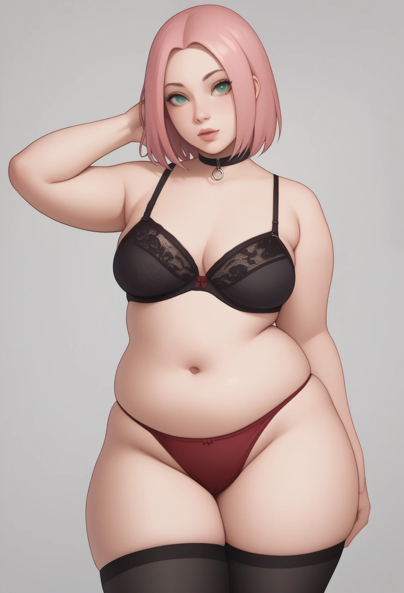 Haruno Sakura. short pale pink hair, large light green eyes, a large forehead, thin lips, small saggy breasts. bbw. huge hips. choker. (((black bra))),(((red panties))),(((black stockings ))). bedroom
