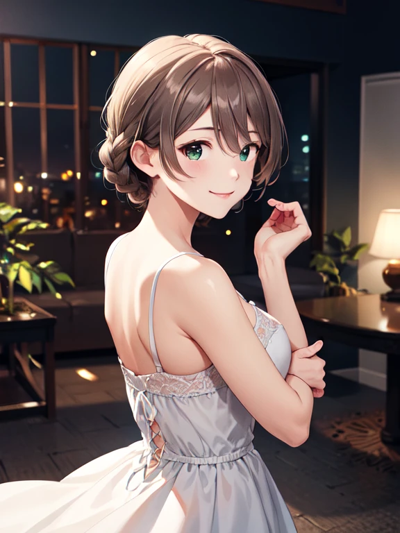 masterpiece,Best Quality, high resolution on down,Super detailed,bbdarjeeling, short hair, braiding,bangs,smile、 closed mouth、Absolute reference to the center、Cute for everyone to see、 turns her arms around her back,clavicle,White Dress、Absolute reference to the center、whole body, Alone, Movie Lighting、 、  highly detailed face ,  full light, High-definition CG,