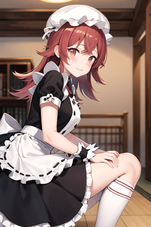 masterpiece, Best Quality,  high resolution on down, akaho, Long Hair,  Rose Tail,  have , [ Mob Cap ,  white ribbon,  polka dots , Maid, Frill dress,  black dress,  puff sleeve , Wrist Cuffs, Maid apron,  White Apron , ruffled knee-highs, indoor, from side,