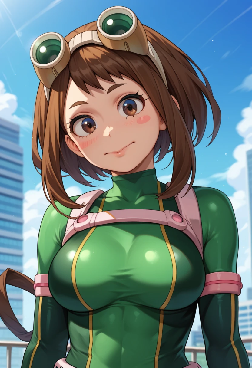 score_9_up, score_8_up, score_7_up,score_6_up, score_5_up, score_4_up, ,1girl, solo, twohead, 2head, conjoined, BREAK ochako uraraka, brown eyes, brown hair, short hair, blush, blush stickers, pink bodysuit, bodysuit, skin tight, superhero, BREAK asui tsuyu, black eyes, black hair, bodysuit, boku no hero academia, breasts, frog girl, gloves, goggles, green bodysuit, long hair, sexy, BREAK flirting, cowboy shot, city background