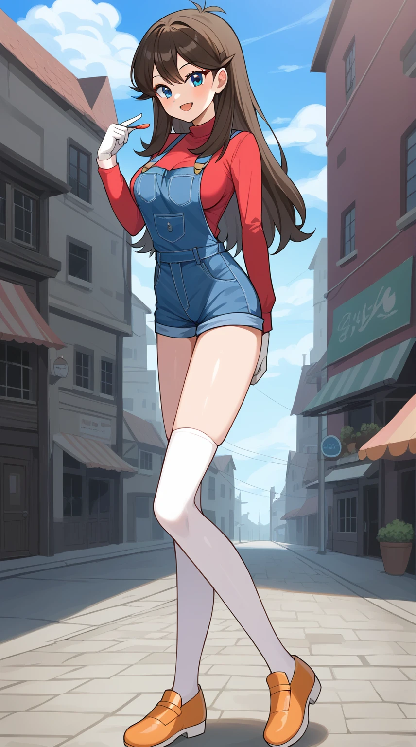 bare hands, no gloves ,  score_9,  score_8_Excellent,  score_7_Excellent,  score_6_Excellent, Best Quality, sauce_Anime,  cell shading ,  flat color, vector,  detailed background, town, building, Break 1 Girl, Alone, (\ Pokémon\), Brown Hair, Long Hair,  blue eyes,  white knee-high stockings, Ample breasts,  viewers, 1 Female, Age 18,  is standing, whole body,  Slim Body , smile, Outdoor,  Seductive Smiles, 色っぽいsmile,  blue overalls , red long sleeve shirt ,　Orange shoes,  place one hand on your waist, Absolute territory,  tall,  seductive pose , bare hands, no gloves ,