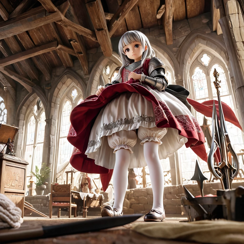 (  highly detailed CG octane rendering 8k wallpaper with a long spear ),  The World's Most Beautiful Artwork ,  with a flag attached to a long spear, Complex,  high detail, ８ year old girls, Silver embroidery,  medieval long cotton dress（With panniers）, Cotton fabric, Skirts lifted, Strong winds, Transparent slip, Translucent Tights , Peeking from below, Best Quality, Disarray of clothing,  lies down, underwear,  show off your thighs, Knight , Skirt lining, Bloomers、Leather Armor、Full body shot seen from below 
