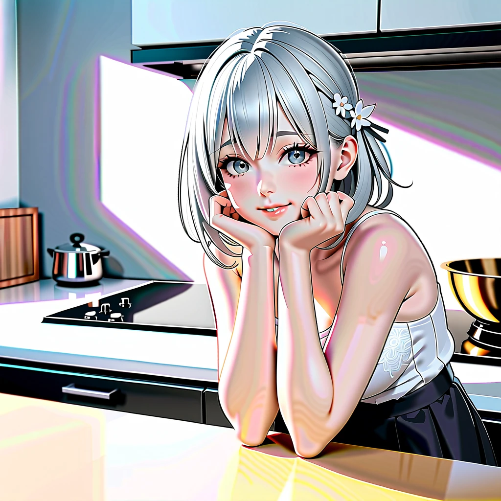 1 Japanese cute girl with silvery white hair in an intricate asymmetrical updo. The back of her hair is bunched high and short with the ends fanning out. The left side of her hair frames her face with long, loose strands, while the right side of her hair is loosely swept back over her ears and bunched together with the back hair, creating a slightly unbalanced but elegant look. A high, luxurious hair accessory on top adds a unique and fashionable touch to the hairstyle. Her hair catches the light and gives off a shiny, metallic shine.
BREAK full body, (glossy silver eyes:1.5), (beautiful eyes, twinkle eyes), (athlete body, large breasts), cute face, beautiful face, pretty face, beautiful, good anatomy, long eyelashes, expressive eyes, Perfect Hands, glossy lips, embarrassed, perfecteyes, white detail teeth,
BREAK 1girl, ((black skirt, white shirts:1.5), (pink botanical print apron wearing over the shirts and skirt), smile, happy, (beautiful standing pose),
BREAK 1girl, morning, daylight, sunshine, kitchen, scenery, 
BREAK (Exquisite, beautiful, Very detailed, masterpiece, super detail, best quality, highres), cute, beautiful, 16K, perfect lighting, ultra sharp outline, 