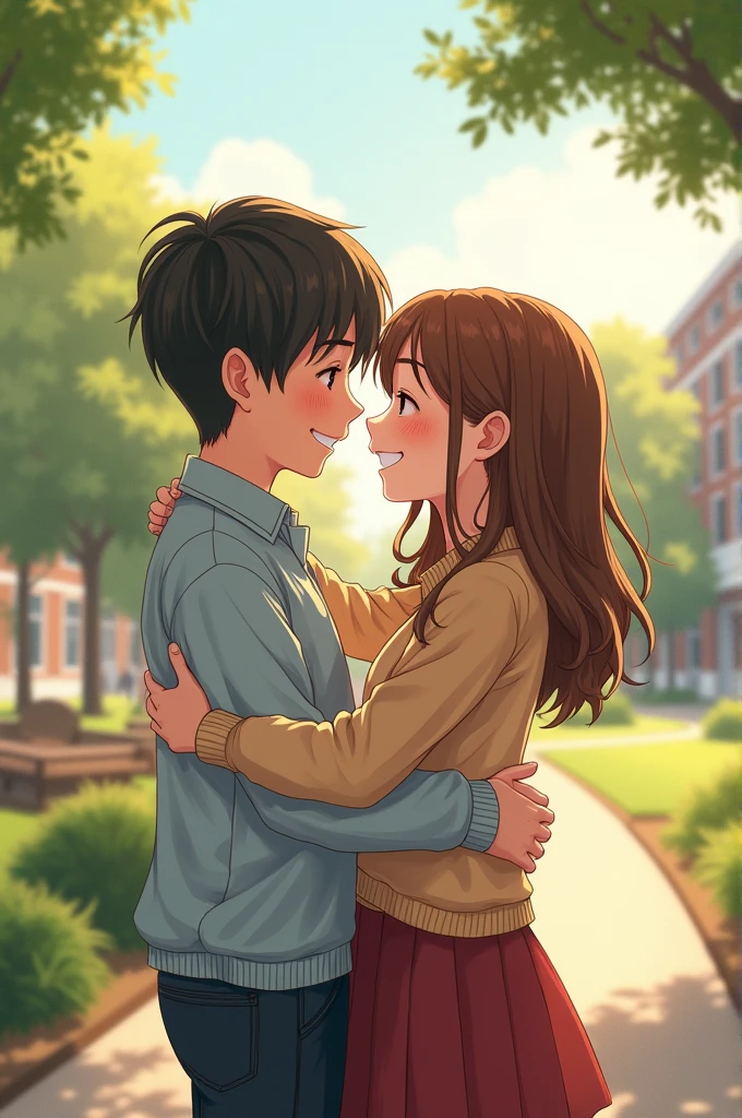 A female student hugged a male student in her arms