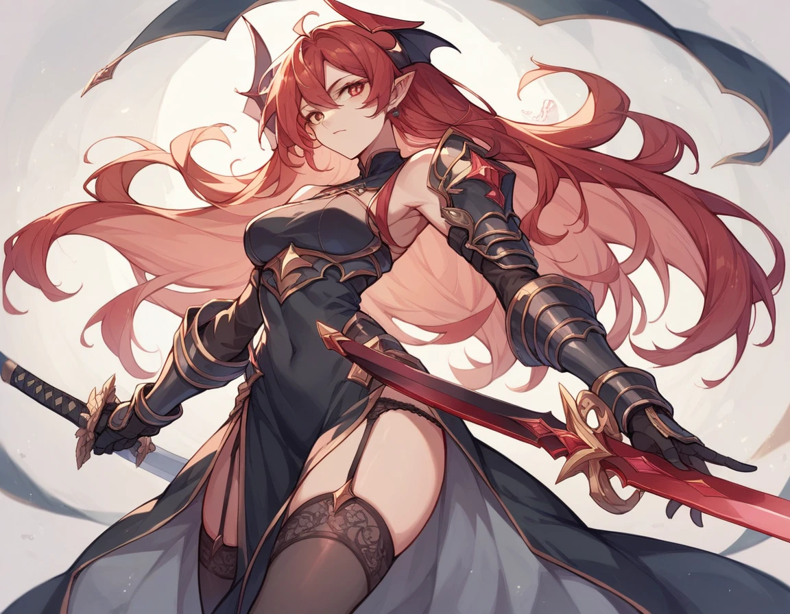 (((masterpiece, best quality, high detailed, 8k))) Design a layout showcase Gaming character, (1girl). Red|Black clothes, stylish and unique. ((showcase weapon:1.4)), enchanted sword. (masterpiece:1.2), (best quality), 4k, ultra-detailed. (Step by step design, layout art:1.5), (luminous lighting, atmospheric lighting). warrior, ((glove full hands)), (((revealing clothes:1.3))), vambraces, armored legwear, (((full_body_shot:1.4))). {In a mystical forest}.