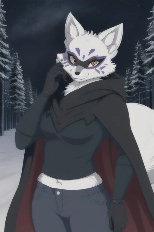 Alopex, arcticfox, tmnt, smile, orange eyes, girl1, solo, snow, black cloak, cape, tail, black shorts