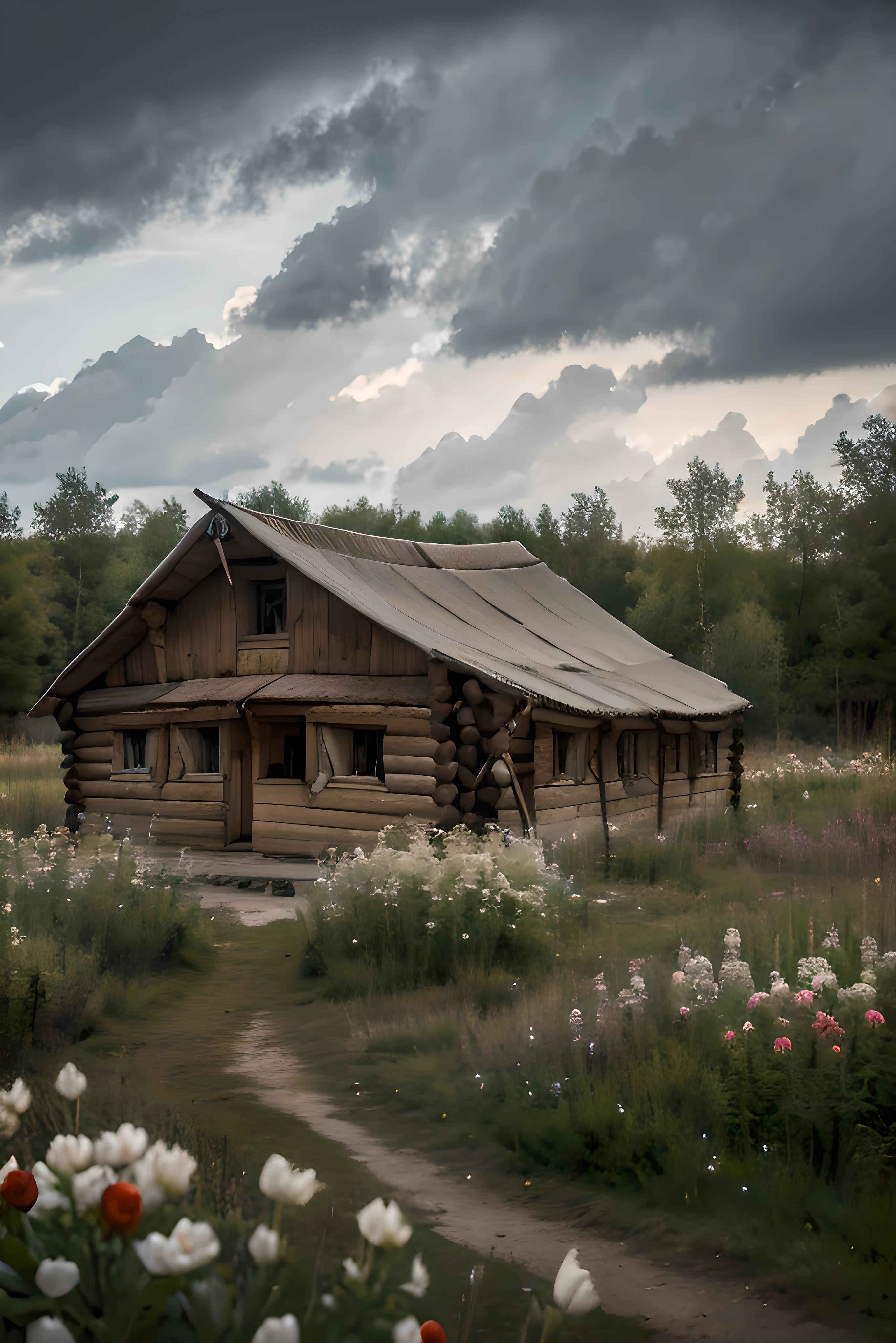 A wooden hut, made of wood, two windows, an outdoor bathroom, a workspace outside, ((medieval hut, old hut, no flowers)), forest background, cloudy sky, (outside view), (masterpiece, best quality, high resolution: 1.4), (muted colors: 1.3), 