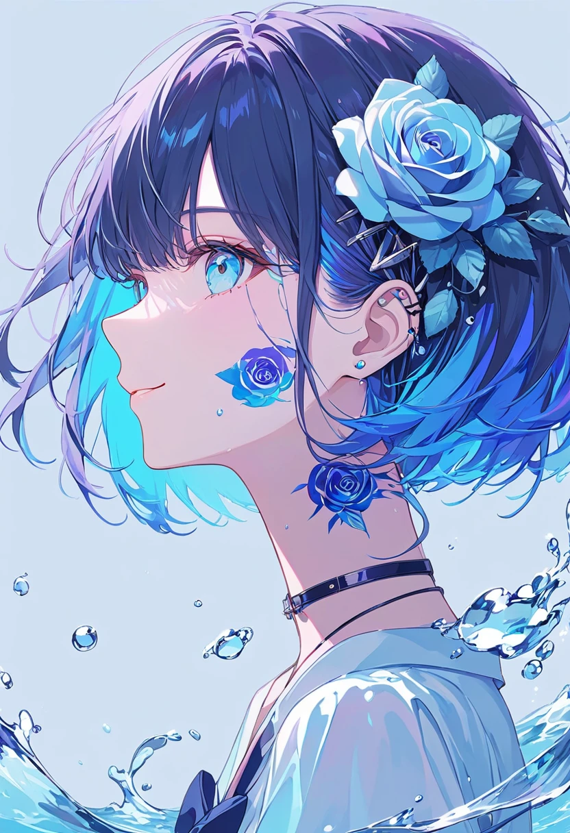   smile ,  WOMAN PROFILE  ,  face close-up , face tattoo,Water Shape , splashes  ,eye,  digital tattoo  ,  neon color  ,Neon Blue, blue rose blue base navy blue hair, pastel colors,  short hair,  Barrette Masterpiece   ,Best Quality,Exquisite,8k,  absurd, super detailed illustration ,(Being watched by the audience)