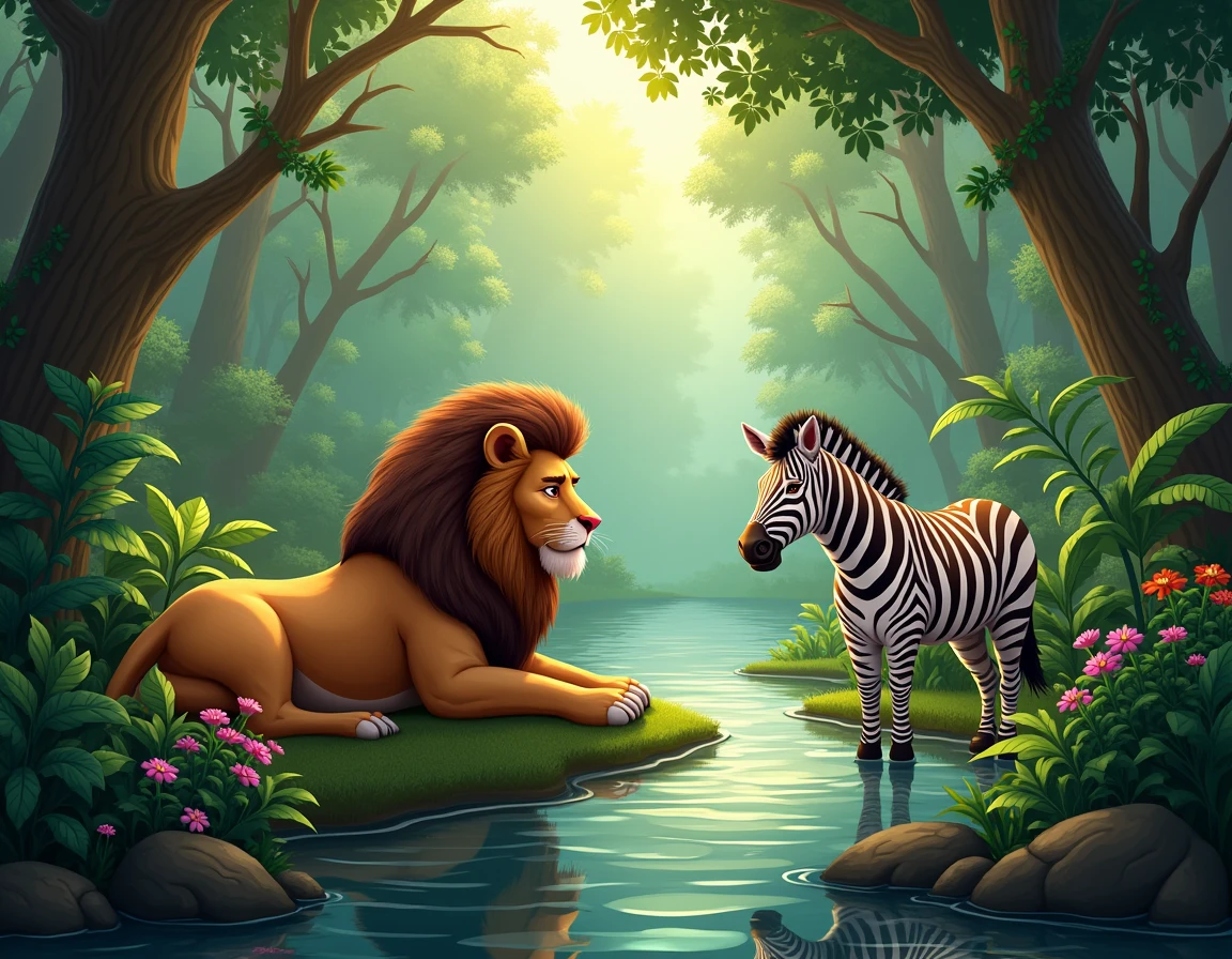 Sad lion in little lion in jungle while zebra is sitting beside him both looks, sad