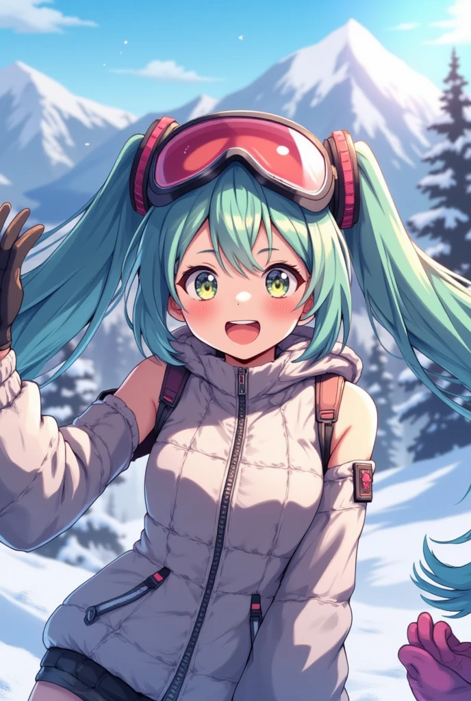 (masterpiece、Best Quality、Best Quality、 official art、 beautiful and beautiful :1.2)、( one girl playing pranks:1.3) Hatsune Miku、 Twin Tails,Beautiful breasts,  girl、snow, goggles, null , Outdoor, smile, day,  1 girl, Gloves, goggles on head, 冬 clothes,  Solo Focus ,  comments, Long Hair, mountain,  jacket,  s,