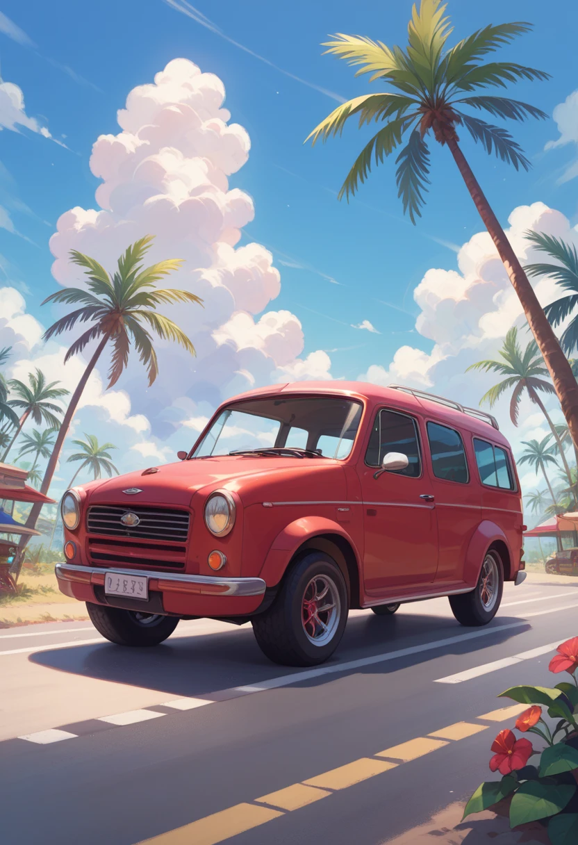 (minimalism:1.4), a red van on the road on the tropical coast, white clouds, palm trees