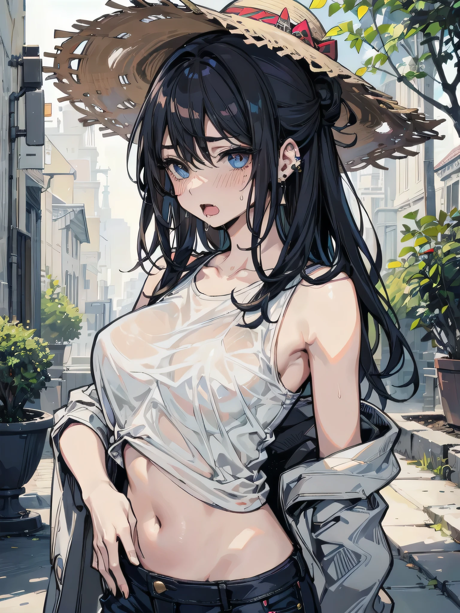 absurdres, RAW photo, extremely delicate and beautiful, masterpiece, Best Quality, ultra high resolution, 32k, hyperrealistic, ultra-detailed, perfect figure, tearful mole, earring, whole body shot, short medium hair, wavy hair, big breast, casual, blouse, white shirt, buttoned shirt, bare shoulders, collarbone, midriff, navel, shorts, straw hat,