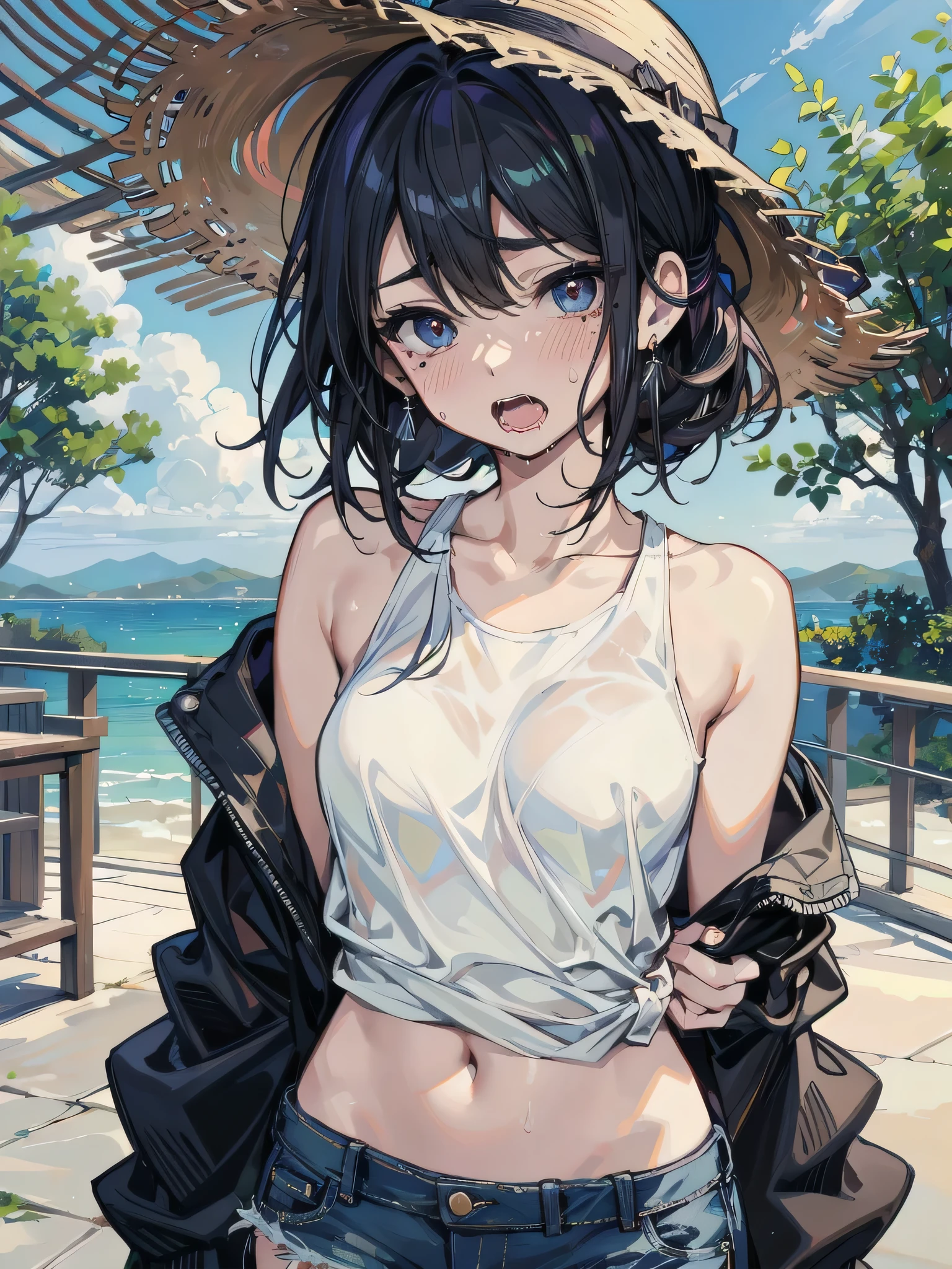 Anime, flat , (Ellen 18-years-old, short dark layered hair, Brown-eyed, small breast:1.0), hair clips 
Fantasy Rogue outfit, belt, spread legs, sitting, smirk , groin , fantasy seaside park 