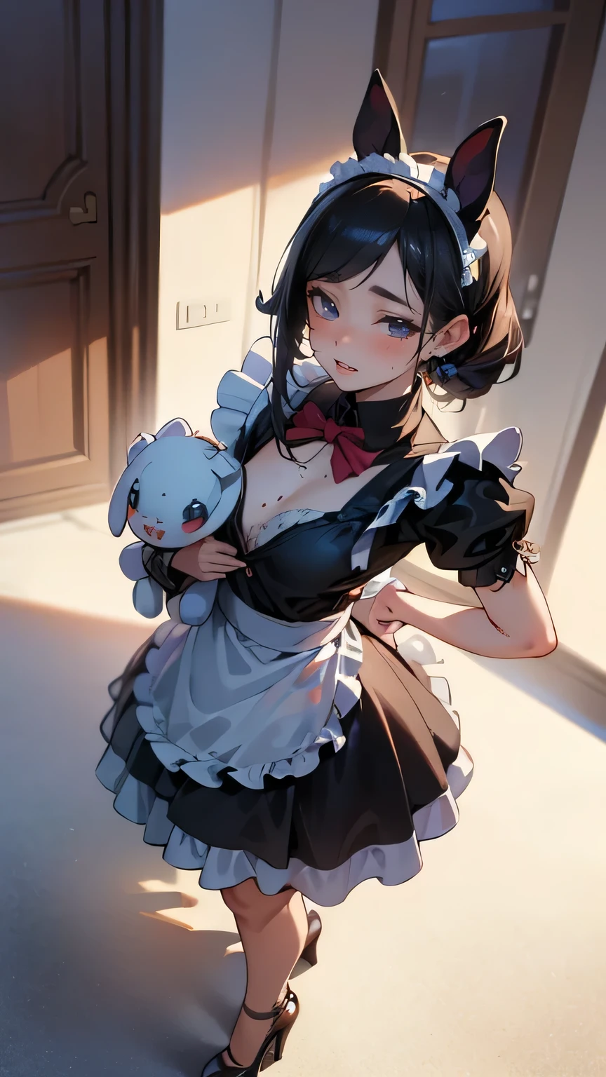 cute girl,1girl,wearing a maid outfit,high heels,holding a rabbit plushie,looking surprised,beautiful detailed eyes,beautiful detailed lips,extremely detailed face,long eyelashes,studio lighting,dramatic lighting,vibrant colors,fantasy,anime style,masterpiece,(best quality,4k,8k,highres,masterpiece:1.2),ultra-detailed,(realistic,photorealistic,photo-realistic:1.37)