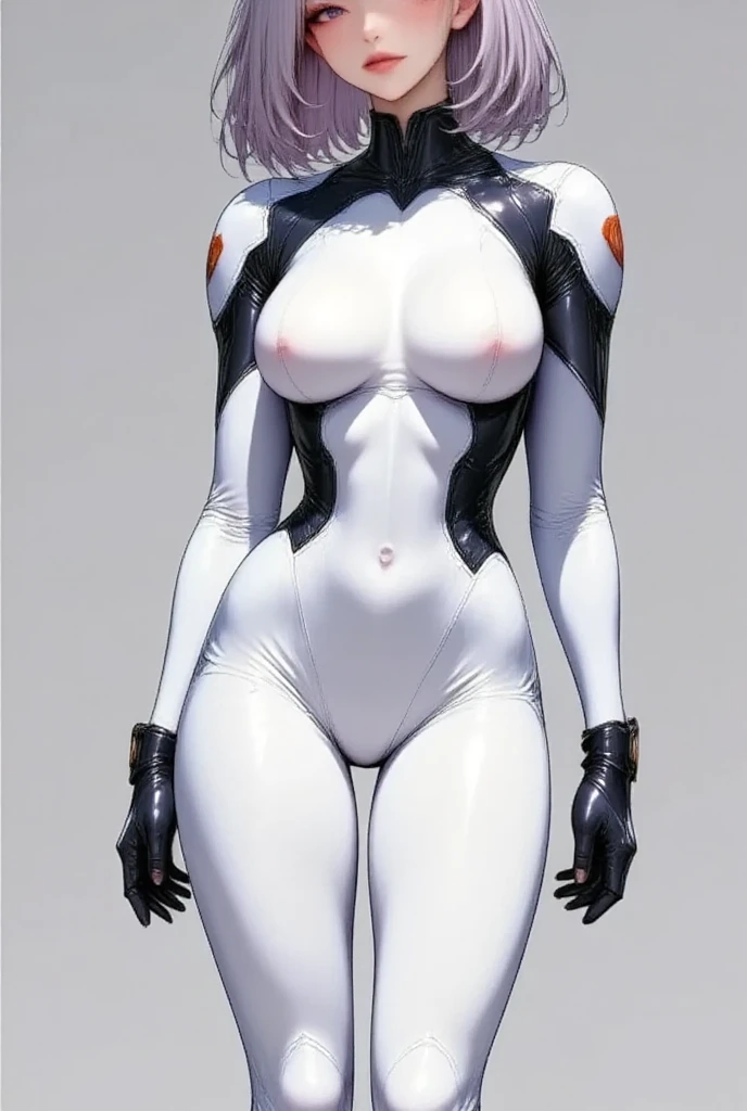 One young and beautiful woman,(Best Quality, Extremely Detailed Description , incredibly absurd high resolution,High quality anime drawings:2.0),(Female Cyborg:2.0),(Tight white bodysuit with tech design,Reflective and smooth protector,tights, thigh high boots),(Intensely glowing purple eyes,Crazy Eyes:2.0, half-closed eye:2.0, eyeshadow,Heavy makeup,Glossy lips,Purse your lips, bewitching smile:2.0,Beautiful legs, curvy body,Seductive gestures),Full body image:2.3,