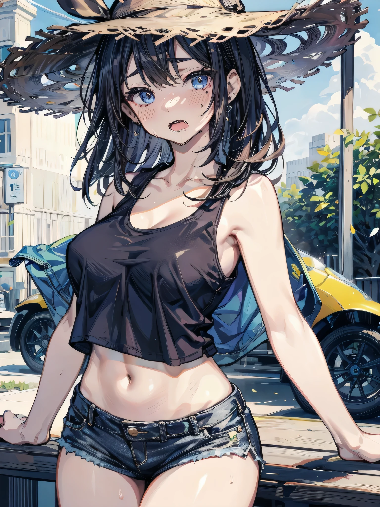 girl working as a mechanic, underboob tanktop, ripped shorts denim and cap, sexy pose, sweat, glossy skin, big boobs, see hands