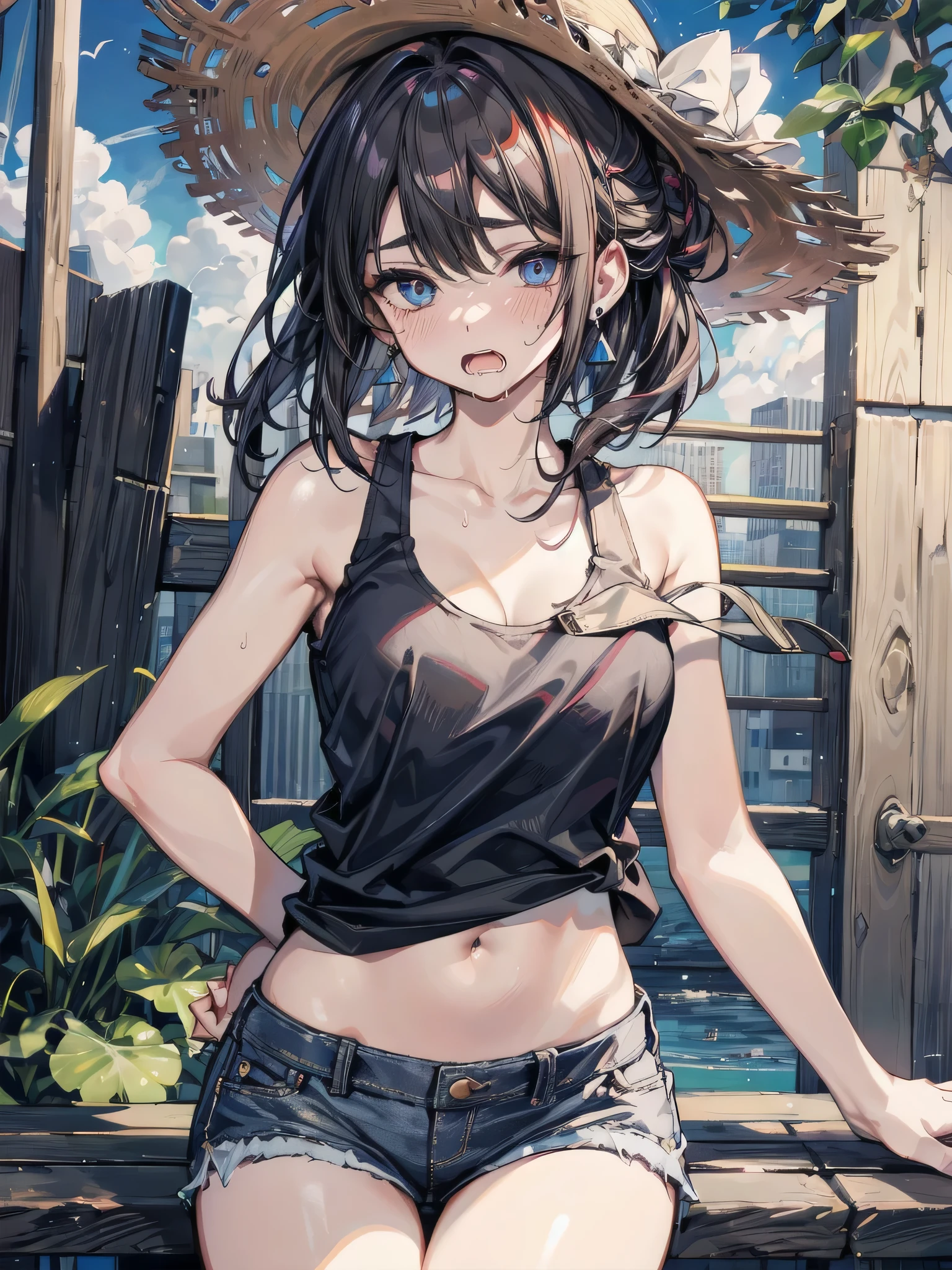 full body, RAW photo, extremely delicate and beautiful, masterpiece, Best Quality, ultra high resolution, 16k, hyperrealistic, realistic, photorealistic, photo-realistic, ultra-detailed, detailed description, pale skin, in her 20s, very Slim body, narrow waist, very small head, very small face, delicate facial features, big tits, medium hair, black hair, tearful mole, earring, t-shirt, tank top, Hot Pants,