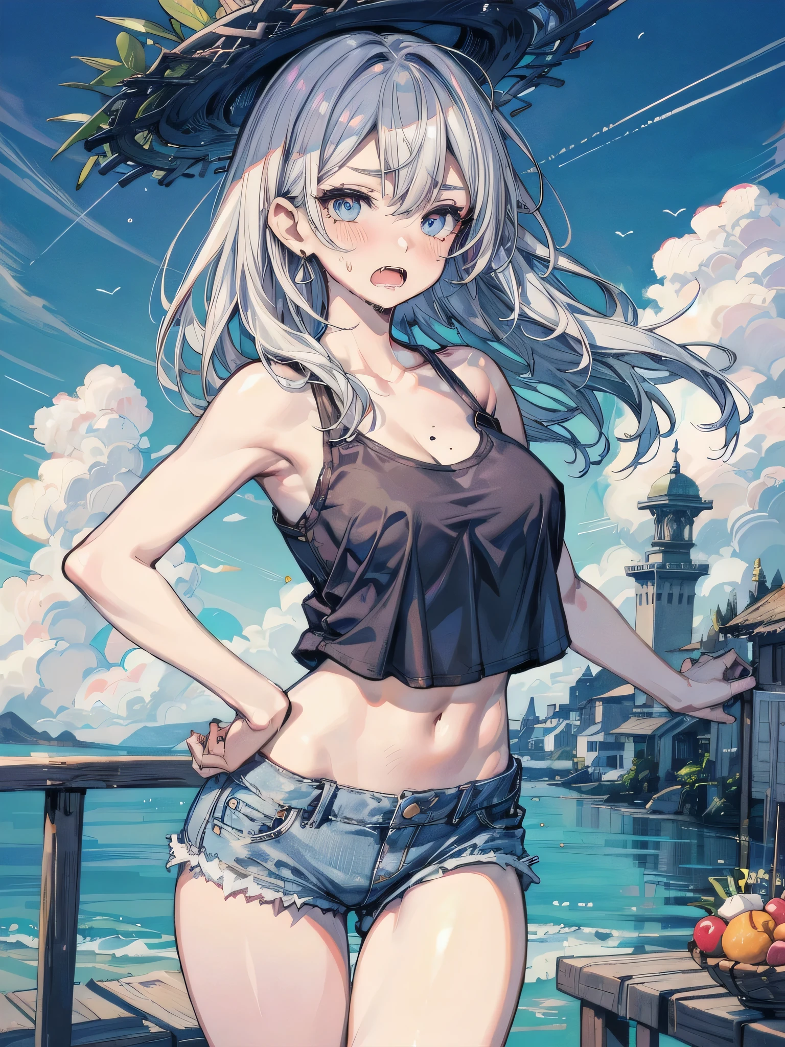 1girl, strapless, black tube top, denim shorts, Cleavage, navel, simple background, sunny day,