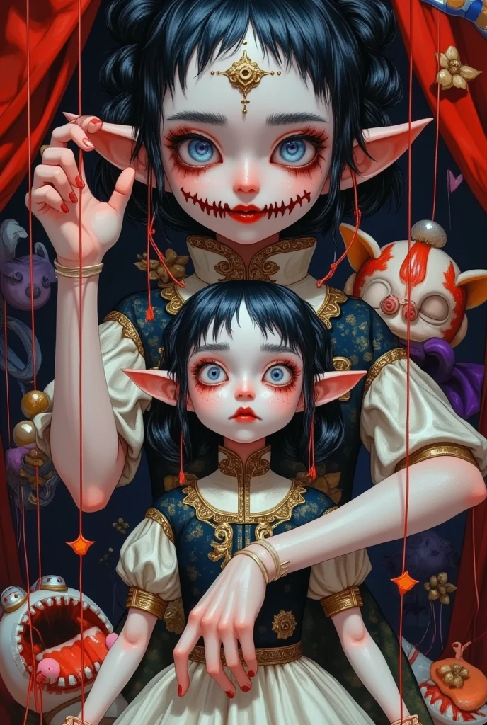 a hideous monster manipulating a marionette puppet, grotesque, japanese surrealism, grotesque masterpiece, detailed digital anime art, style of Beeple and Jeremiah Ketner, highly detailed anime artwork, dark fantasy, dramatic lighting, striking composition, unsettling atmosphere, unsettling tones, ominous presence, intricate details, surreal elements, haunting visuals, dark and twisted, sinister expression, eerie and disturbing, malevolent energy, uncanny and otherworldly, distorted and nightmarish, foreboding and macabre, twisted and deformed, malformed and unnatural, disturbing and uncomfortable, chilling and sinister, haunting and unnerving, unsettling and foreboding, dark and moody, grim and foreboding, nightmarish and horrific, twisted and contorted, grotesque and disturbing, sinister and malevolent, malformed and monstrous, unnatural and disturbing, haunting and chilling, dark and ominous, dramatic and unsettling