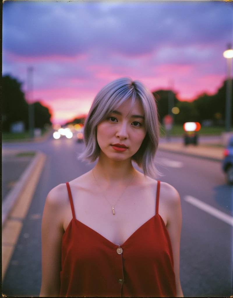 A photo of an Asian woman with a blurred London city street at dusk in the background. With an 80s vibe and the style of photographer Kawauchi Rinko, her short wavy silver hair, bangs, red lips, red camisole and face colour contrast with the vibrant sky behind her, creating a dynamic atmosphere. Shot on Polaroid disposable film. Grainy texture adds character, and the flash and the blurry afterimages of car lights passing by on the street add to the image.
Polaroid frame of