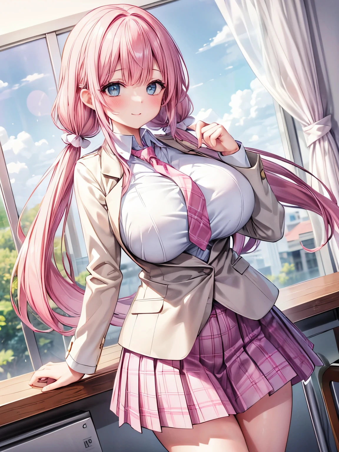 Best Quality, solo girl,(gigantic breasts:1.2),(Pink Hair,low twintails:1.4),(Big light blue eyes), very happy smile, blush cheeks, open your mouth wide,View Viewer,break,(classic student costume,Beige blazer,White collared shirt, gray pleated skirt , red plaid tie:1.2), is standing, , there are students around the school classroom ,Curtains swaying in the wind