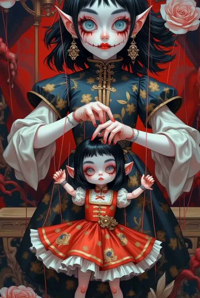 a hideous monster manipulating a marionette puppet, grotesque, japanese surrealism, grotesque masterpiece, detailed digital anime art, style of Beeple and Jeremiah Ketner, highly detailed anime artwork, dark fantasy, dramatic lighting, striking composition, unsettling atmosphere, unsettling tones, ominous presence, intricate details, surreal elements, haunting visuals, dark and twisted, sinister expression, eerie and disturbing, malevolent energy, uncanny and otherworldly, distorted and nightmarish, foreboding and macabre, twisted and deformed, malformed and unnatural, disturbing and uncomfortable, chilling and sinister, haunting and unnerving, unsettling and foreboding, dark and moody, grim and foreboding, nightmarish and horrific, twisted and contorted, grotesque and disturbing, sinister and malevolent, malformed and monstrous, unnatural and disturbing, haunting and chilling, dark and ominous, dramatic and unsettling