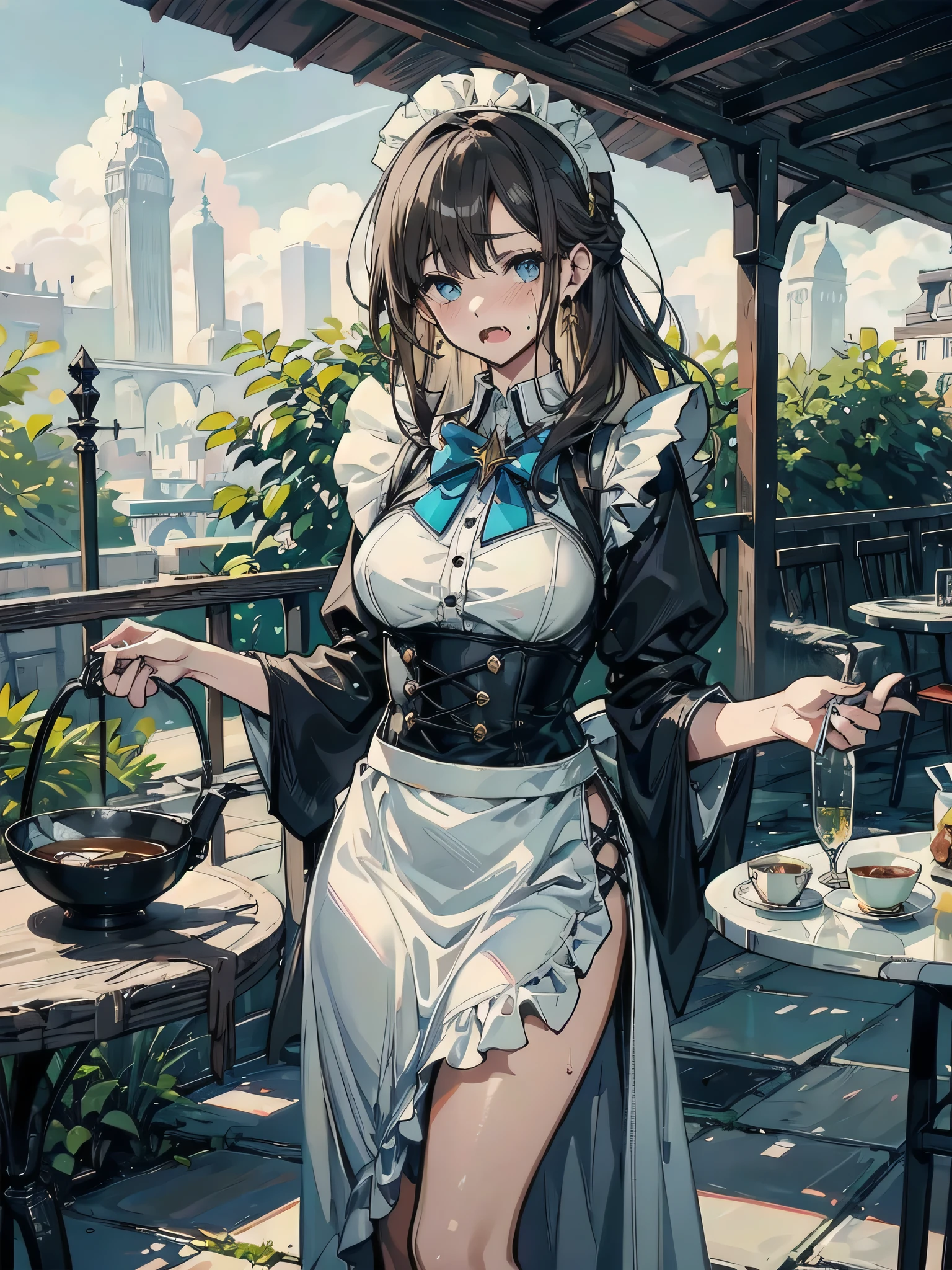 masterpiece, best quality, <lora:okitasawa-nvwls-v1-000009:0.9> okitasawa, low twintails, hat, choker, cleavage, frilled dress, black skirt, bare shoulders, large breasts, closed eyes, smiling, garden, sitting, table, chair, teapot