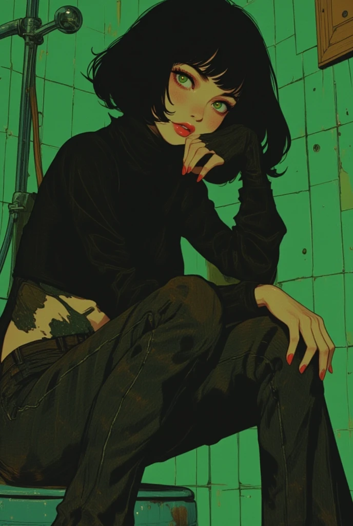 masterpiece, best quality,  <lora:himeno:1>,himeno (chainsaw man), 1girl, solo, cigarette, black hair, eyepatch, simple background, smoking, tank top, holding, grey background, medium hair, collarbone, black eyes, mouth hold, grey tank top, upper body, white tank top,monochrome,