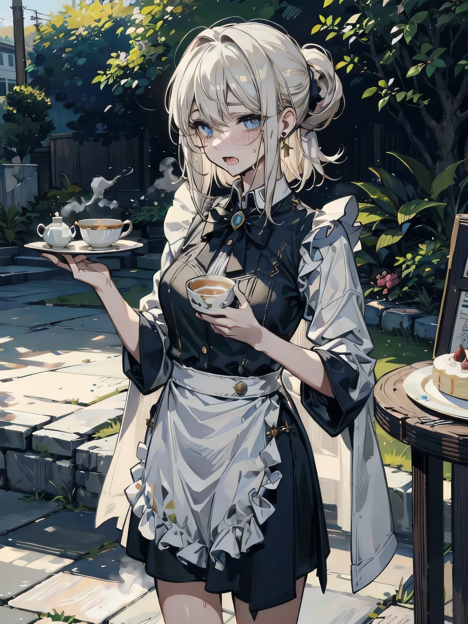 Create an image of an albino girl with a mysterious aura, set in an abandoned garden tea party. She has long, colorless white hair and jet black eyes, and is dressed in a jet black neo-Victorian dress with intricate layers of fabric, delicate lacework, and black cross accessories. The background is an overgrown garden, bathed in sunlight filtering through trees, creating depth and an ominous yet peaceful atmosphere.