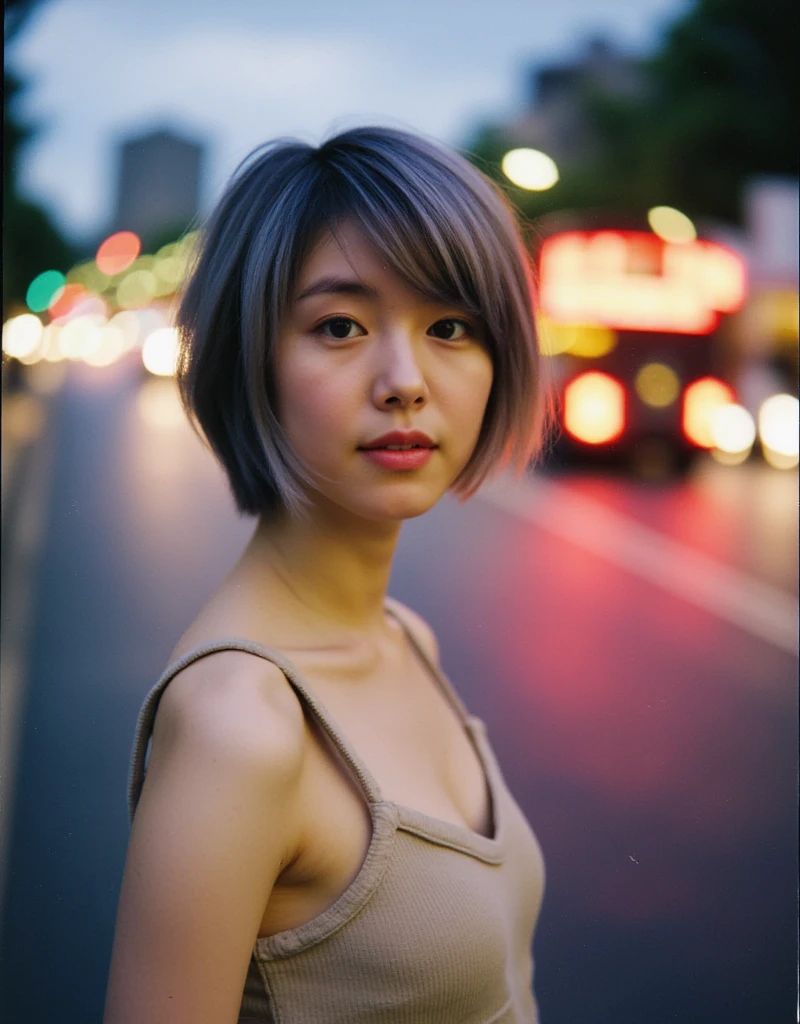 A photo of an Asian woman with a blurred London city street at dusk in the background. With an 80s vibe and the style of photographer Kawauchi Rinko, her short wavy silver and purple hair, bangs, pink lips, beige camisole and face colour contrast with the vibrant sky behind her, creating a dynamic atmosphere. Shot on Polaroid disposable film. Grainy texture adds character, and the flash and the blurry afterimage of the red headlights of cars crossing the street create a sense of dynamic atmosphere.
Polaroid frame of