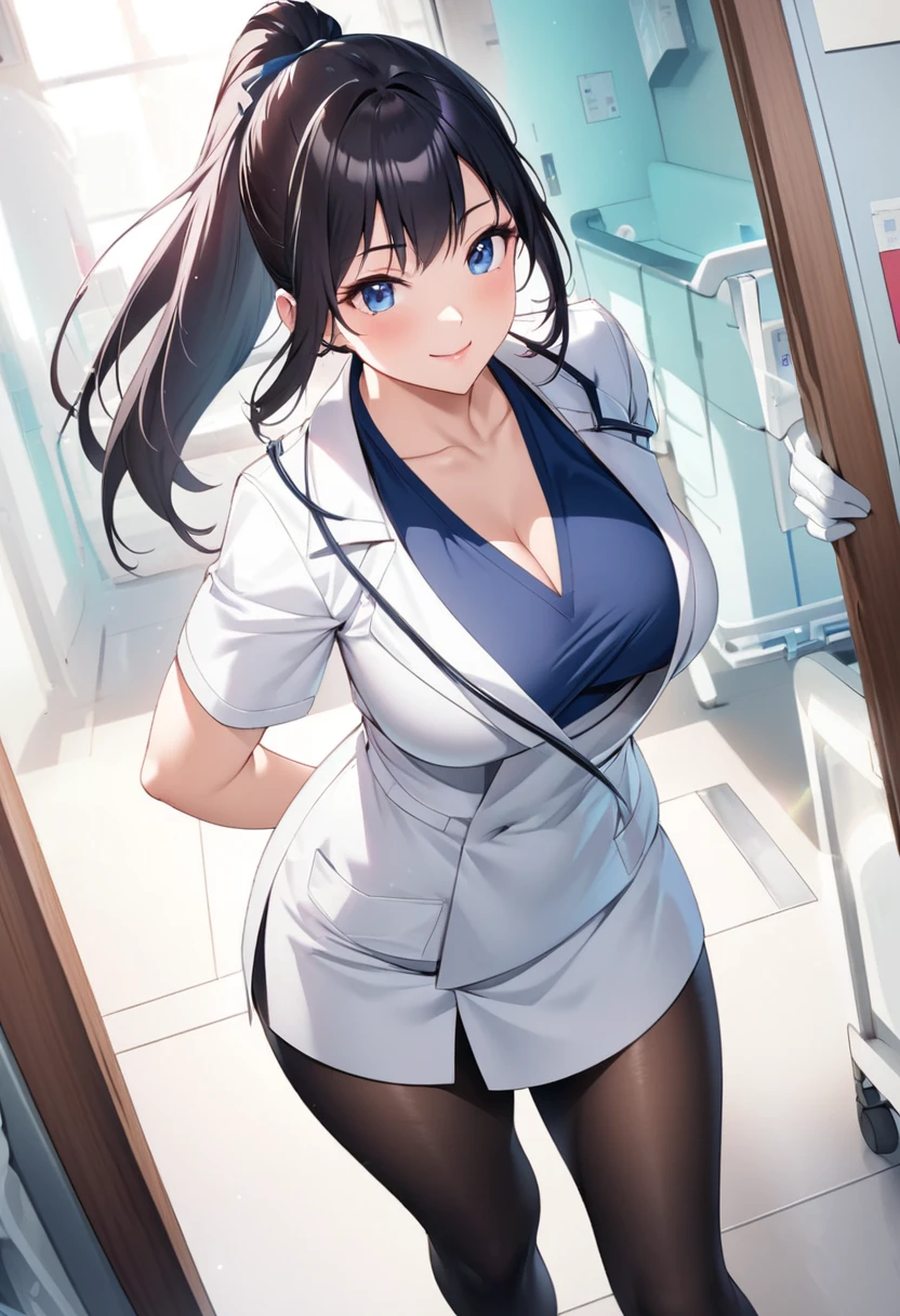 Beautiful girl 、Age 30、Best Quality、Ultra-precision、Detailed drawing、hospital、white doctor clothes 、 blue v-neck shirt 、White Skirt、 black stockings in a dark prison、 white gloves、Sharpness、 ponytail、Vivid colors、smile、 beautiful slender figure、Beautiful big boobs、Accurate depiction、 CG illustration 、
