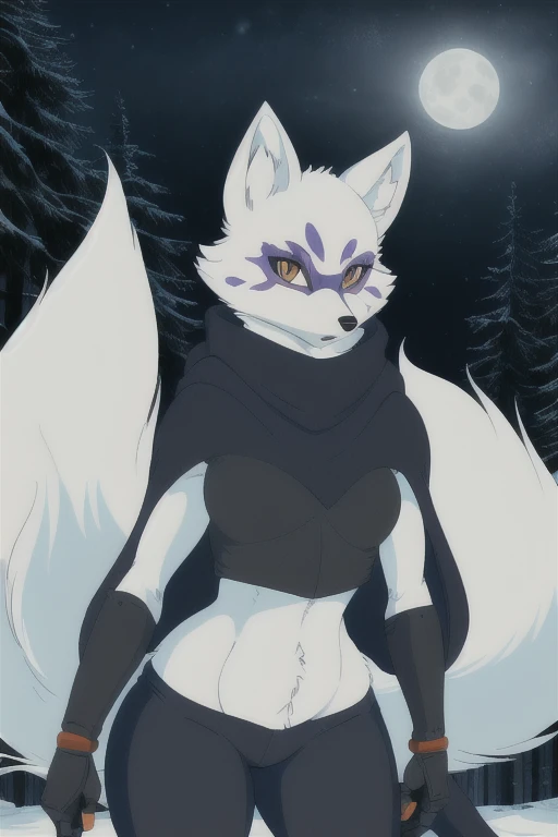 Alopex, arctic fox, furry, blue marks, tmnt, fox soft tail, orange eyes, girl1, solo, black cape, cloak, ninja pants, best quality, masterpiece, forest, city. Night, standing, Looking at viewer, holding pair of kama, serious look, 